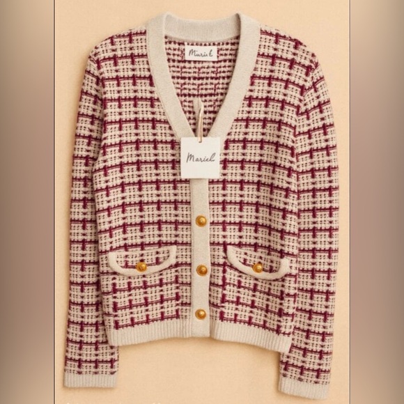 Marled Sweaters - Marled Tweed Style Knit Women's Cream and Red Cardigan